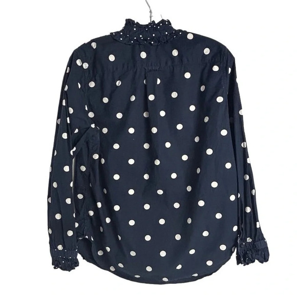 J. Crew Women's Size 6 Blue Polka Dot Ruffle Neck Button-Up Shirt - Picture 10 of 11